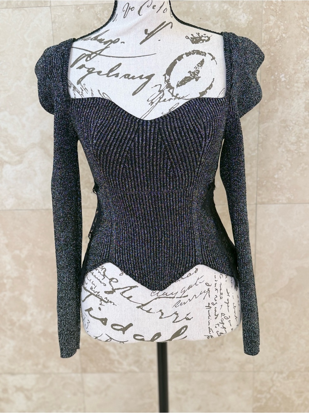 ELLIATT Small Metallic Ribbed Knit Corset Puff Sleeve Top Square Neck